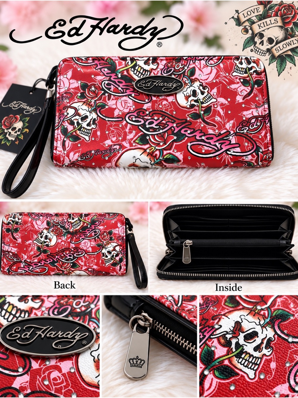 Ed Hardy Red Skull & Rose bling Zip-Around Wristlet Wallet NWT